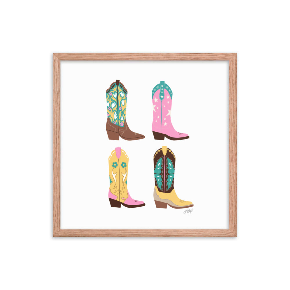 Ilustración de botas de vaquero (paleta rosa/amarillo/turquesa) - Impresión mate enmarcada