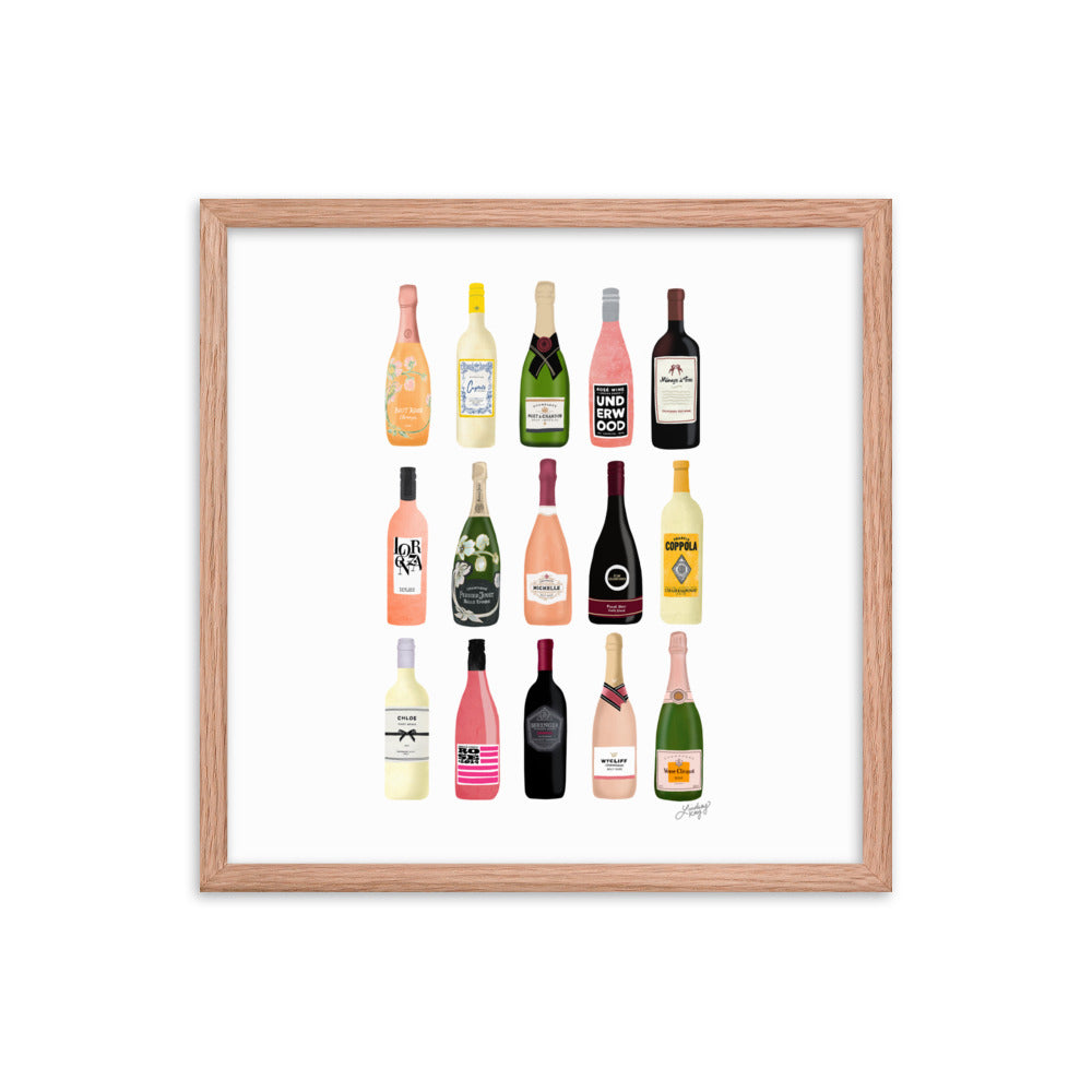 Illustration de bouteilles de vin et de champagne - Impression mate encadrée