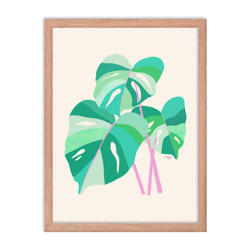 Hand-illustrated pastel monstera plant art print, printed on matte paper and framed for botanical home decor 