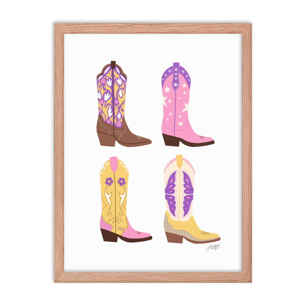 Illustration de bottes de cowboy (palette rose/violet/jaune) - Impression mate encadrée