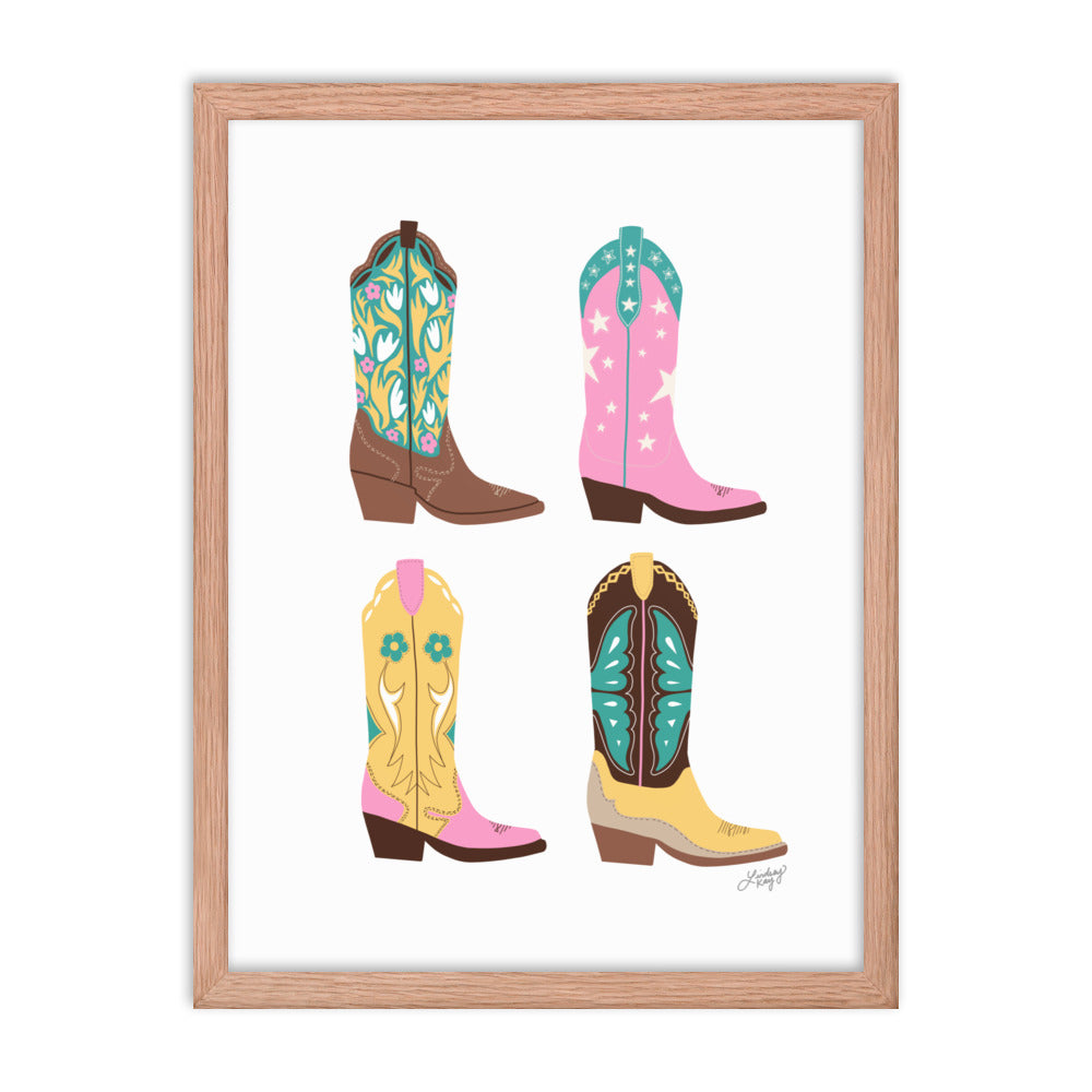 Ilustración de botas de vaquero (paleta rosa/amarillo/turquesa) - Impresión mate enmarcada