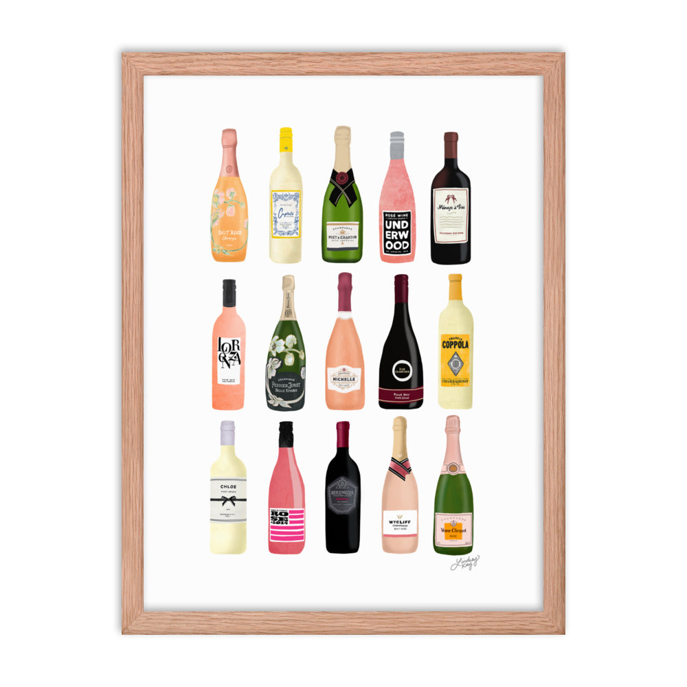 Illustration de bouteilles de vin et de champagne - Impression mate encadrée