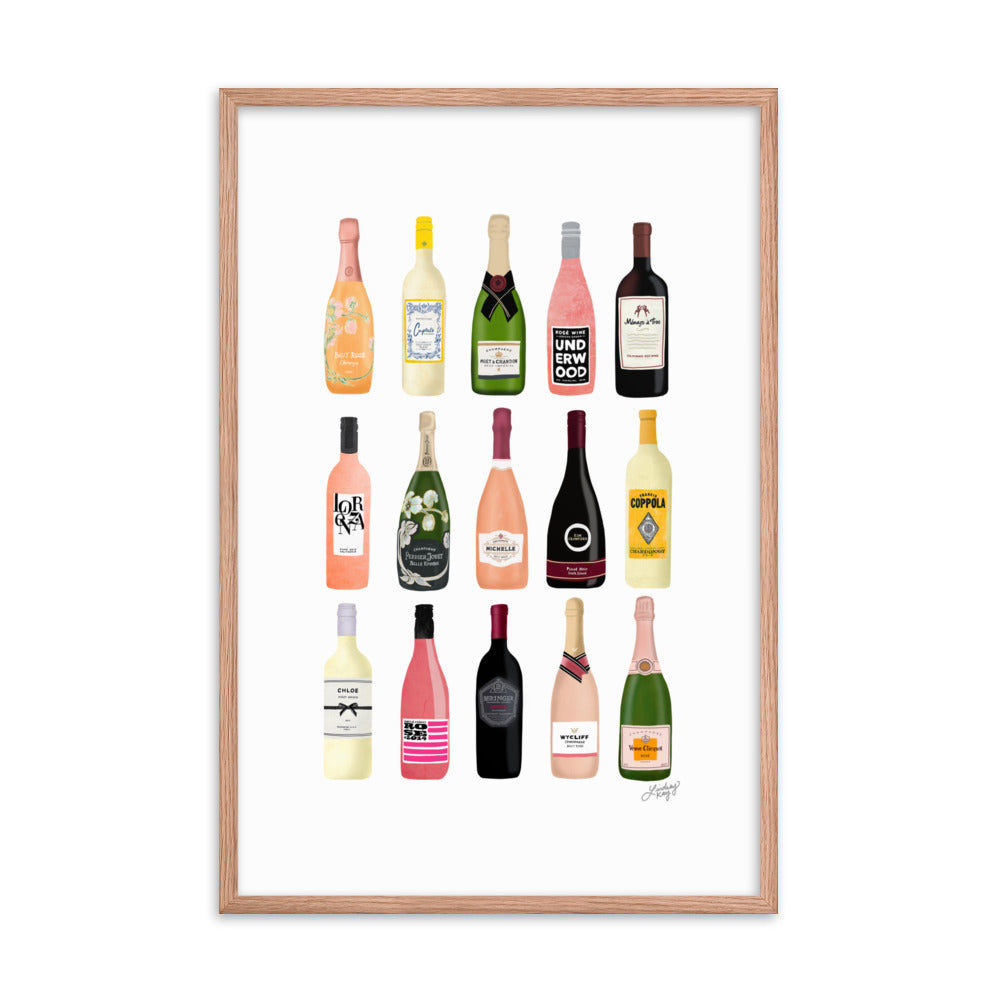 Illustration de bouteilles de vin et de champagne - Impression mate encadrée