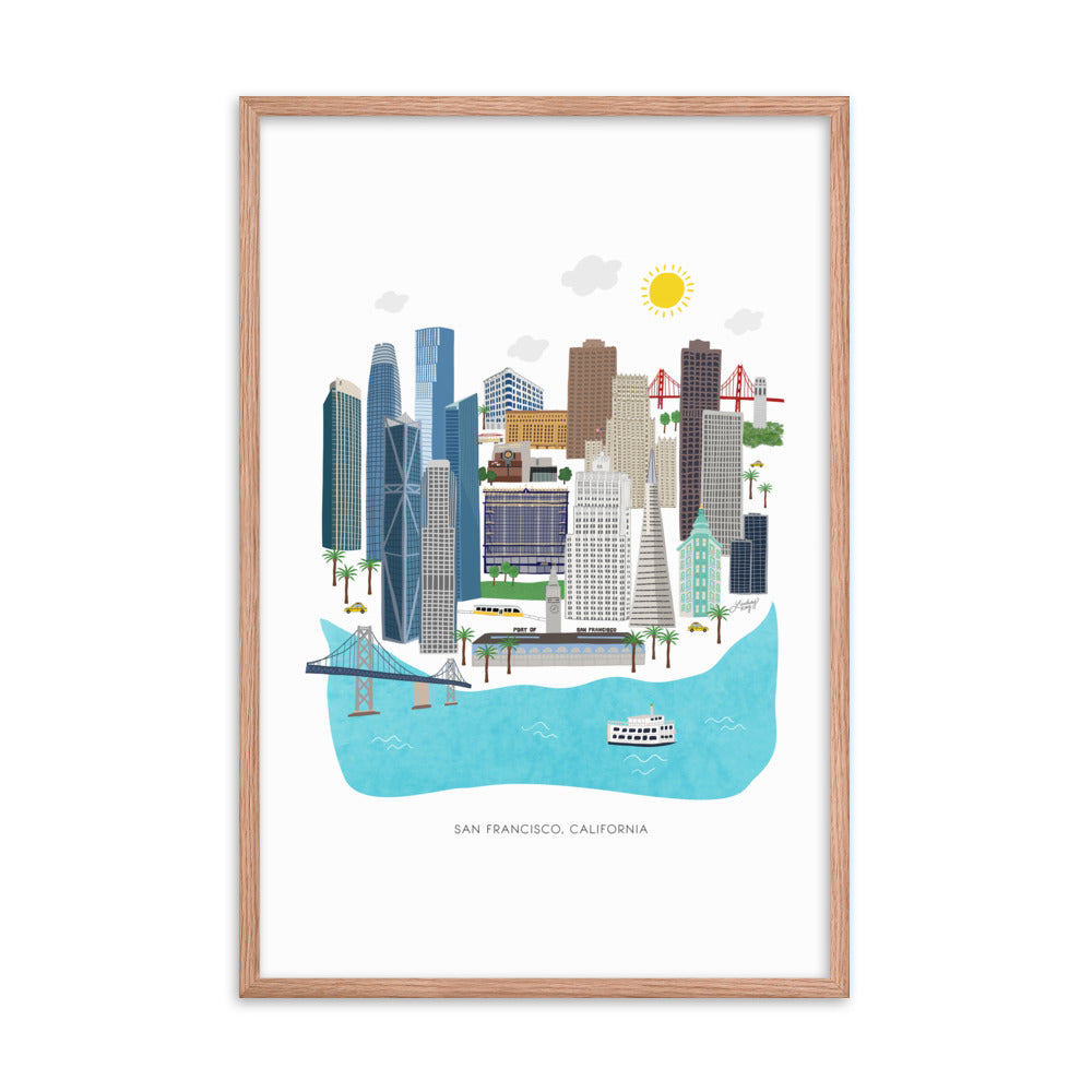Hand-illustrated San Francisco skyline art print on matte enhanced paper, framed in a sturdy high-quality wall frame, modern cityscape home decor.
