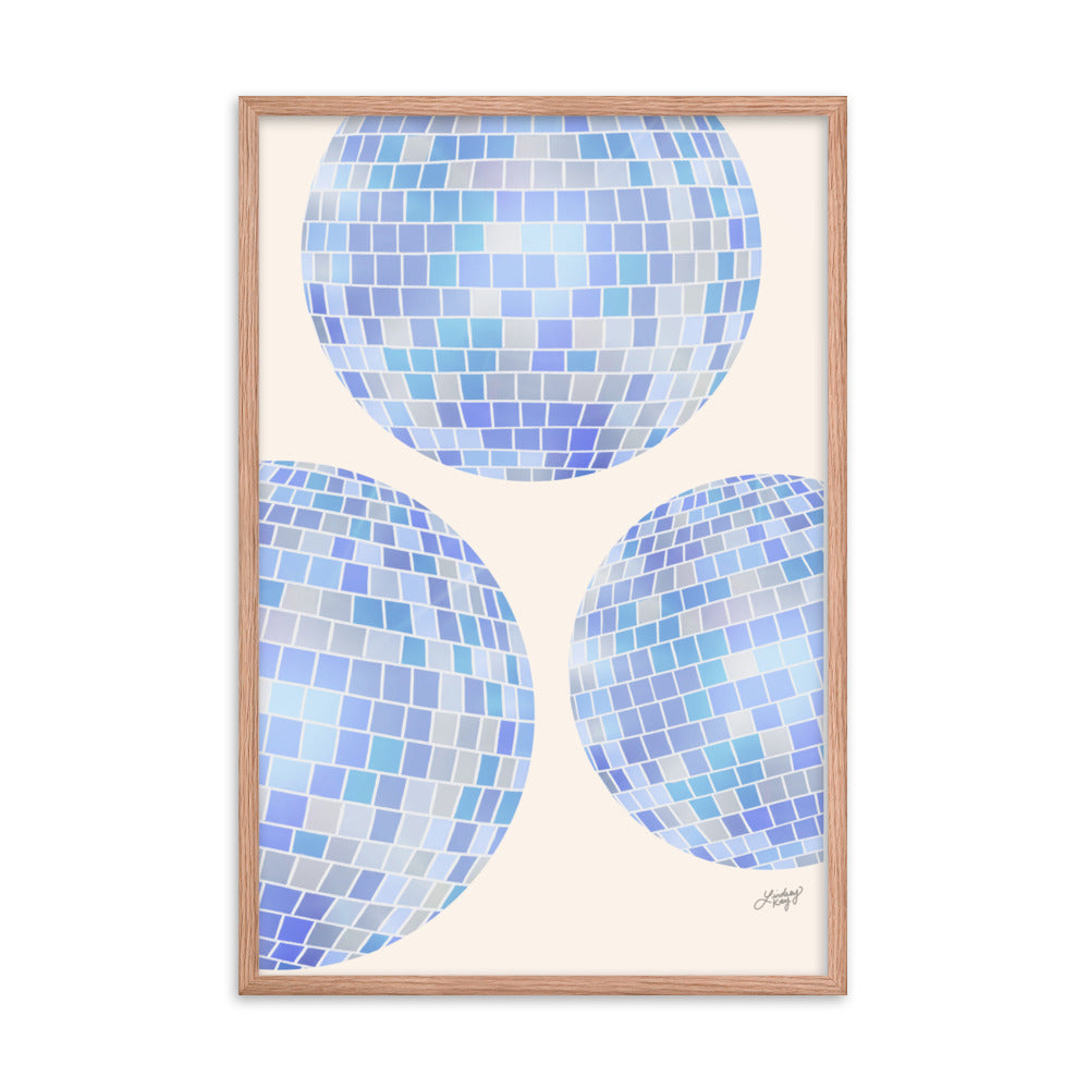 Framed hand-illustrated retro disco ball art print in vibrant colors on matte paper, available in white, black, or brown wood frame, 70s-inspired wall decor.