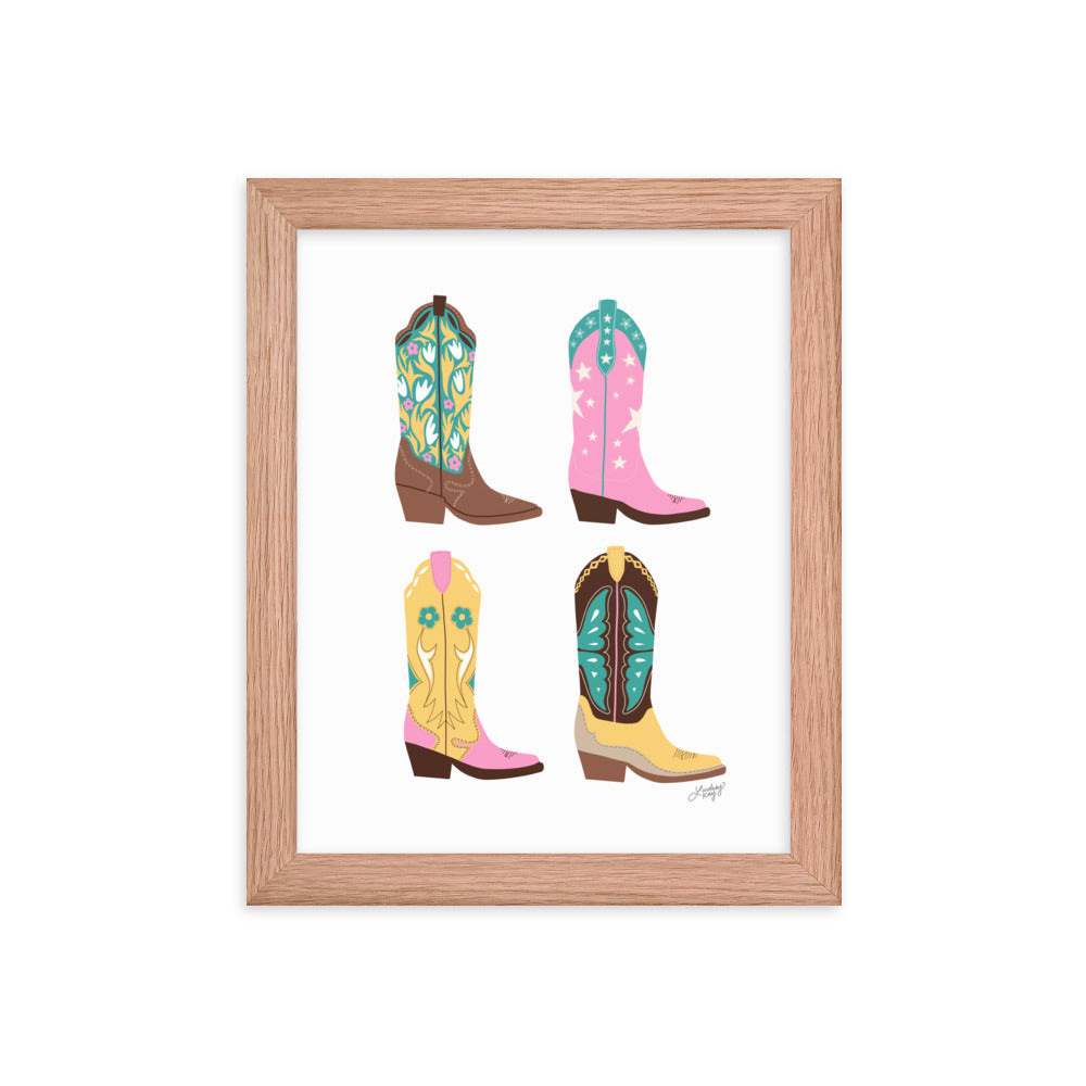 Ilustración de botas de vaquero (paleta rosa/amarillo/turquesa) - Impresión mate enmarcada
