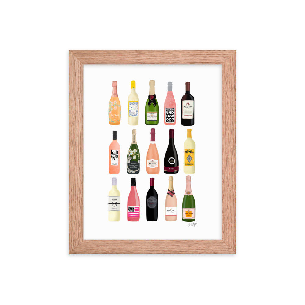 Illustration de bouteilles de vin et de champagne - Impression mate encadrée