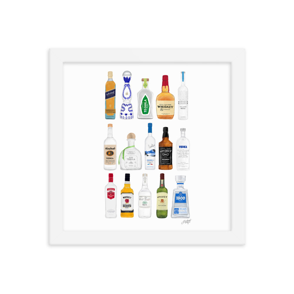 Whiskey, Tequila and Vodka Bottles Illustration - Framed Matte Print