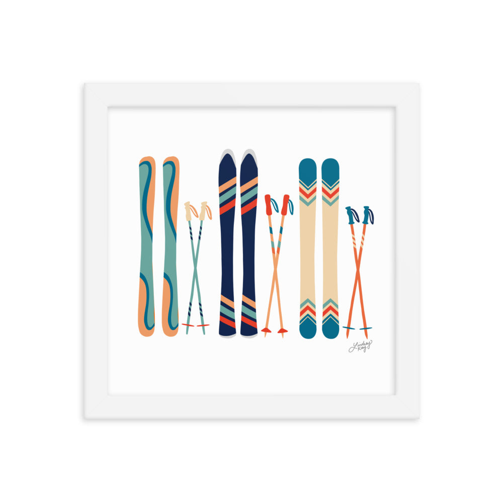 Illustration de ski (palette bleu sarcelle/bleu/orange) - Impression artistique encadrée