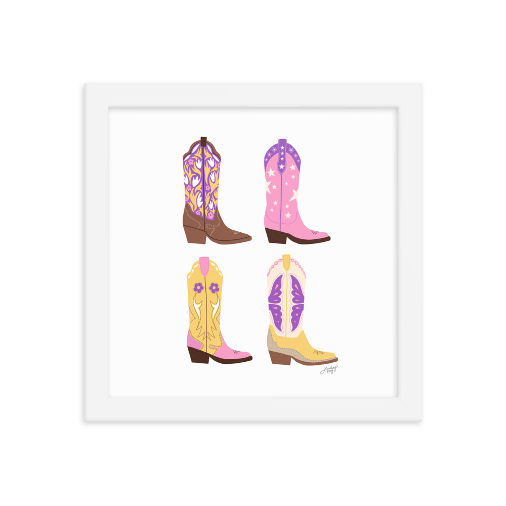 Illustration de bottes de cowboy (palette rose/violet/jaune) - Impression mate encadrée