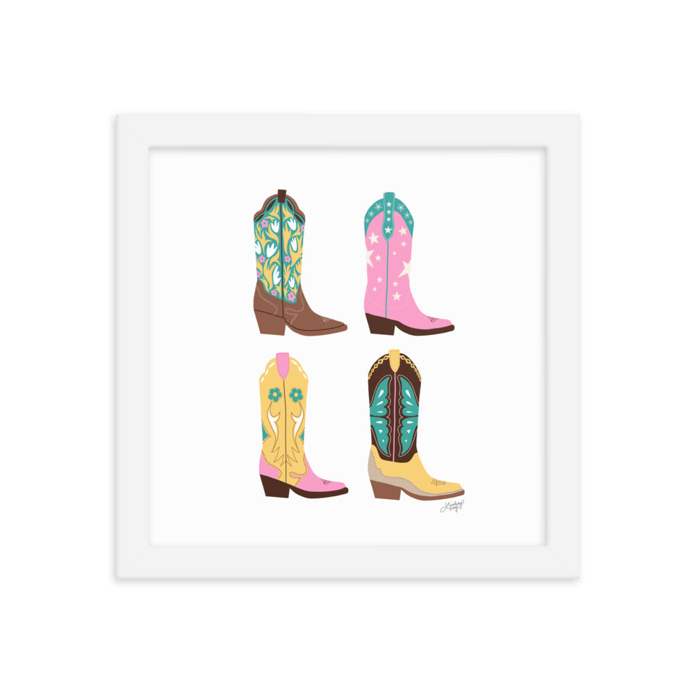 Ilustración de botas de vaquero (paleta rosa/amarillo/turquesa) - Impresión mate enmarcada