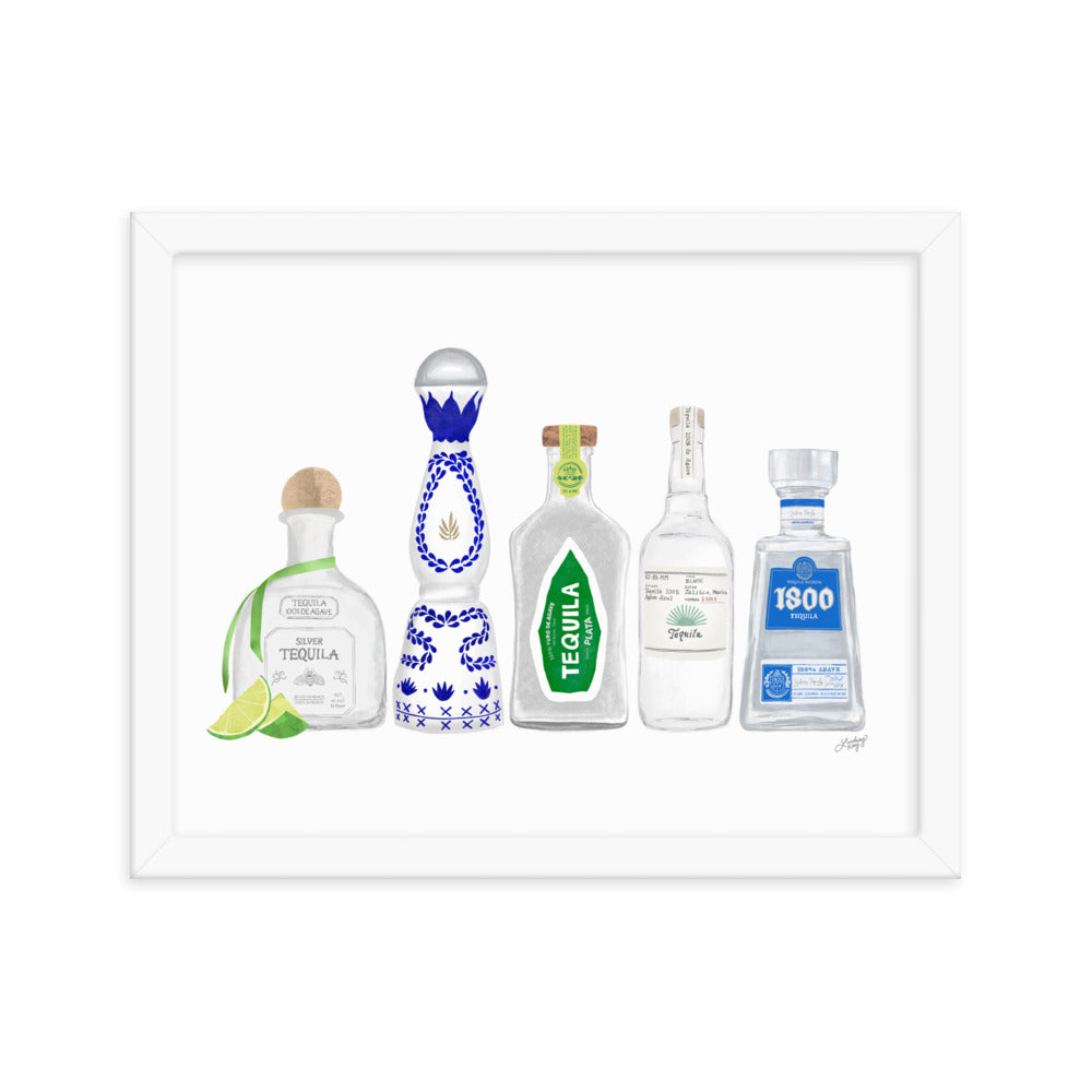 Ilustración de botellas de tequila - Impresión mate enmarcada