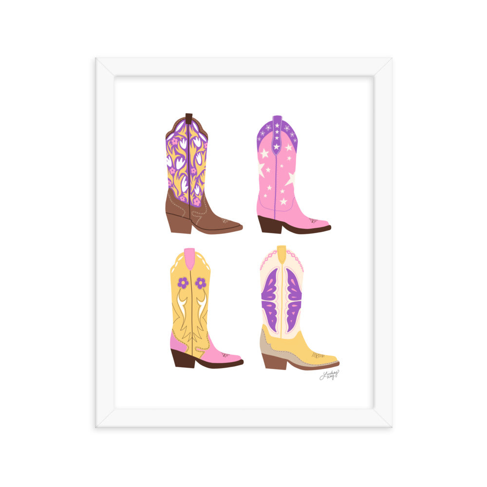 Illustration de bottes de cowboy (palette rose/violet/jaune) - Impression mate encadrée