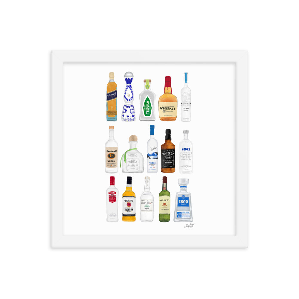 Whiskey, Tequila and Vodka Bottles Illustration - Framed Matte Print