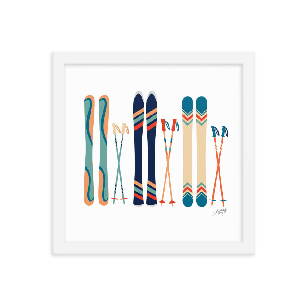 Illustration de ski (palette bleu sarcelle/bleu/orange) - Impression artistique encadrée
