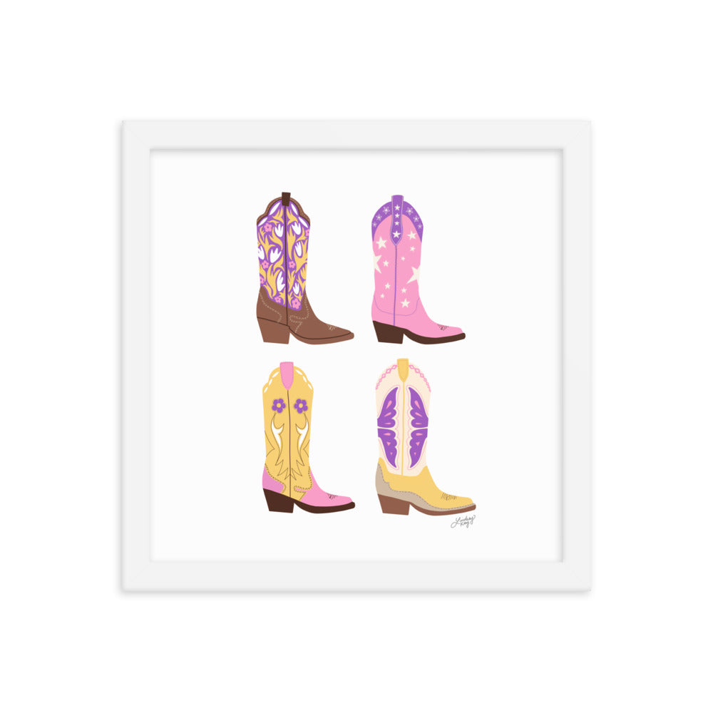 Illustration de bottes de cowboy (palette rose/violet/jaune) - Impression mate encadrée