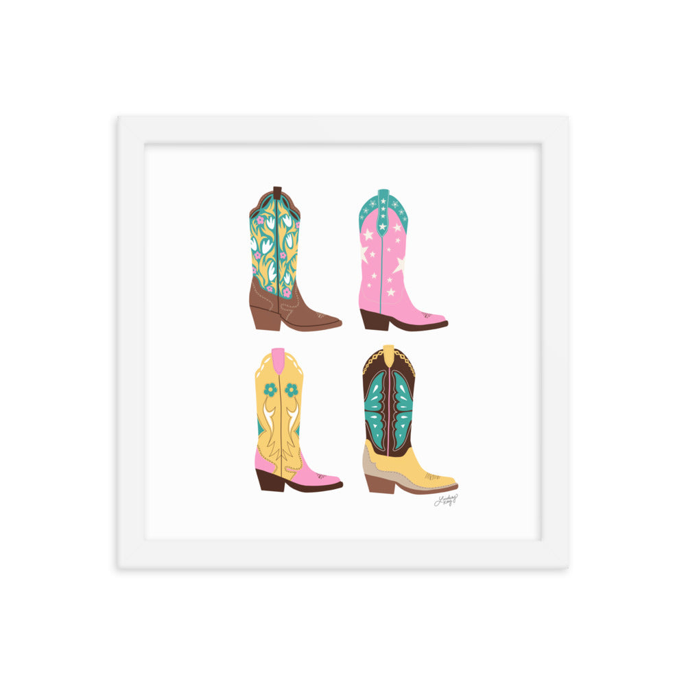 Ilustración de botas de vaquero (paleta rosa/amarillo/turquesa) - Impresión mate enmarcada