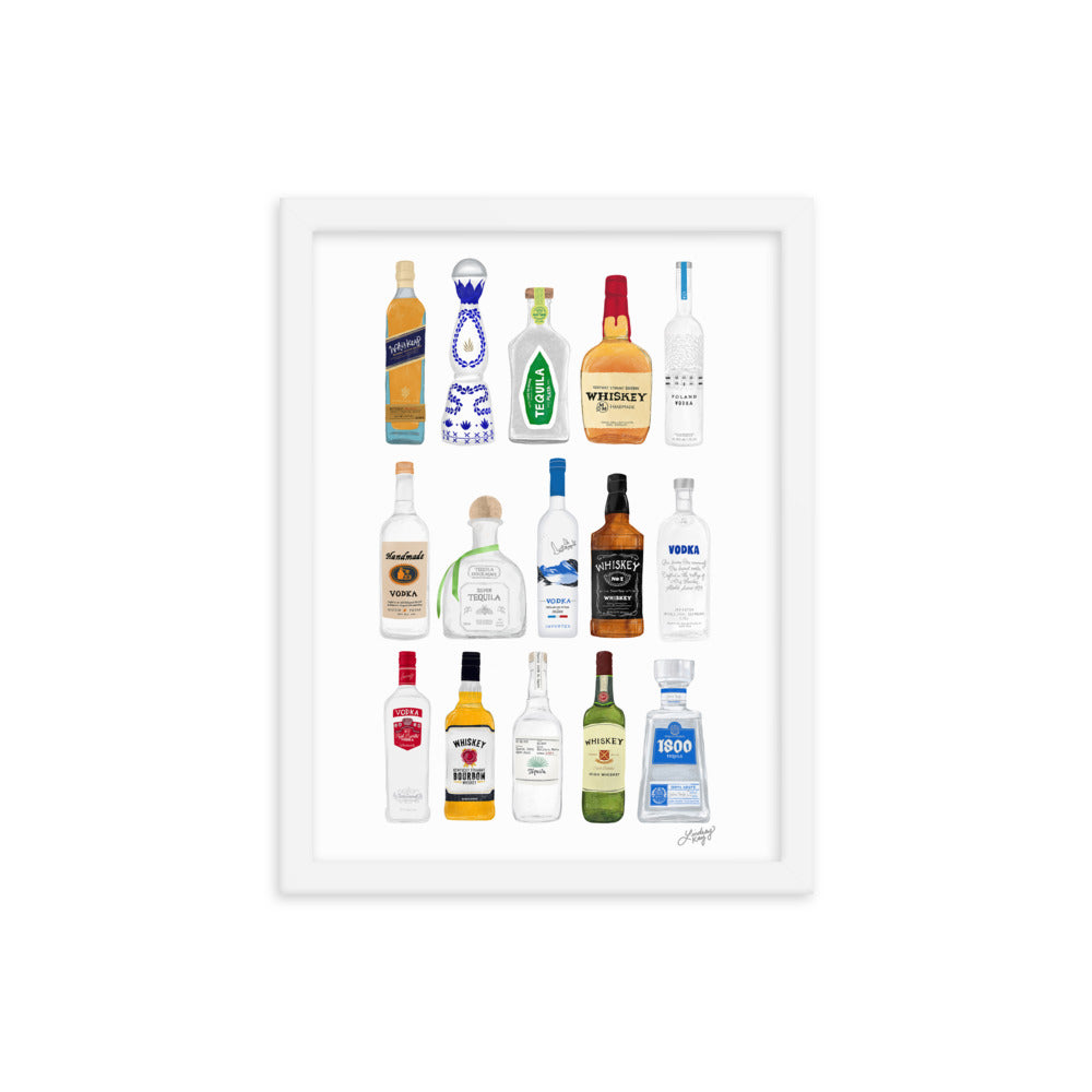 Whiskey, Tequila and Vodka Bottles Illustration - Framed Matte Print - Lindsey Kay Collective