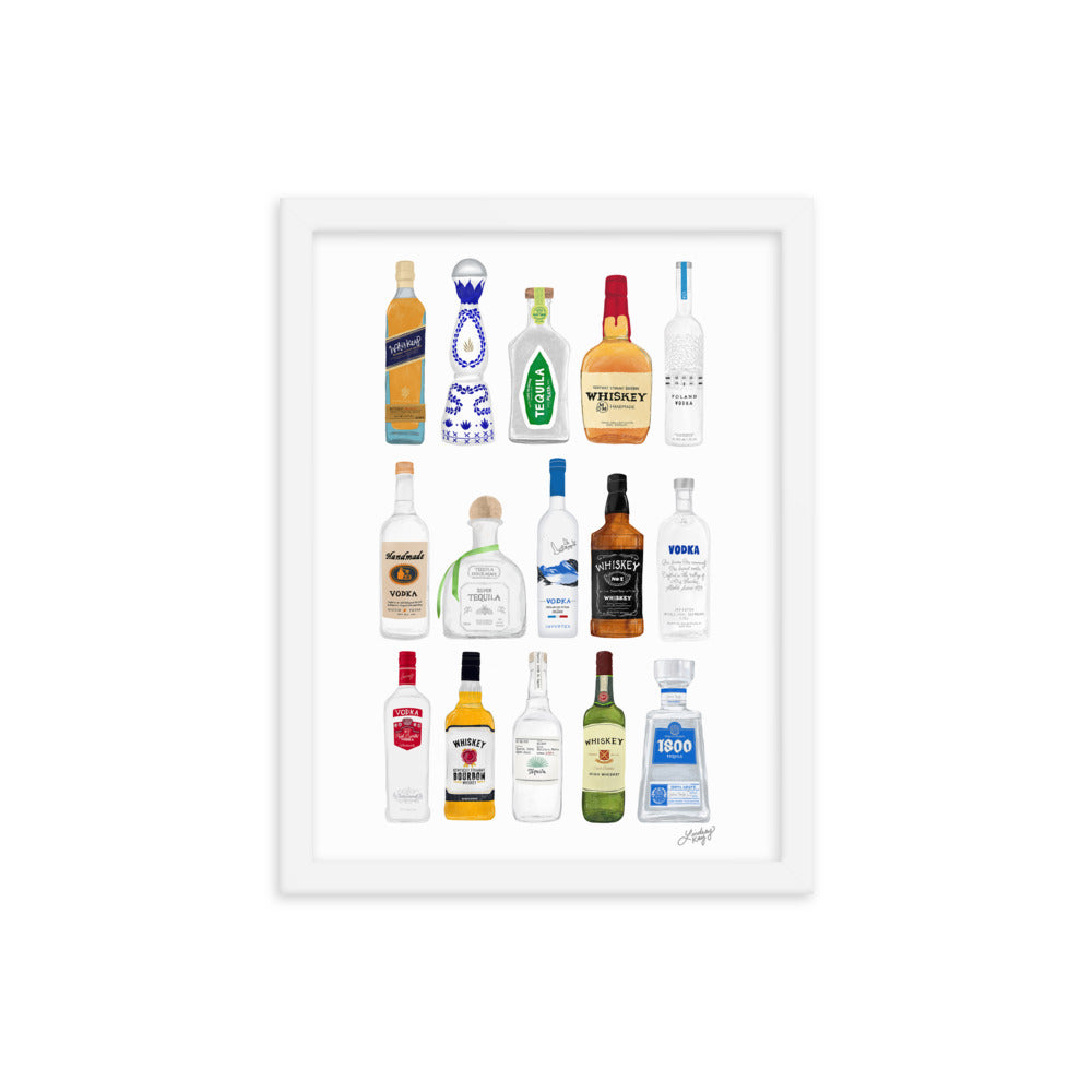 Whiskey, Tequila and Vodka Bottles Illustration - Framed Matte Print
