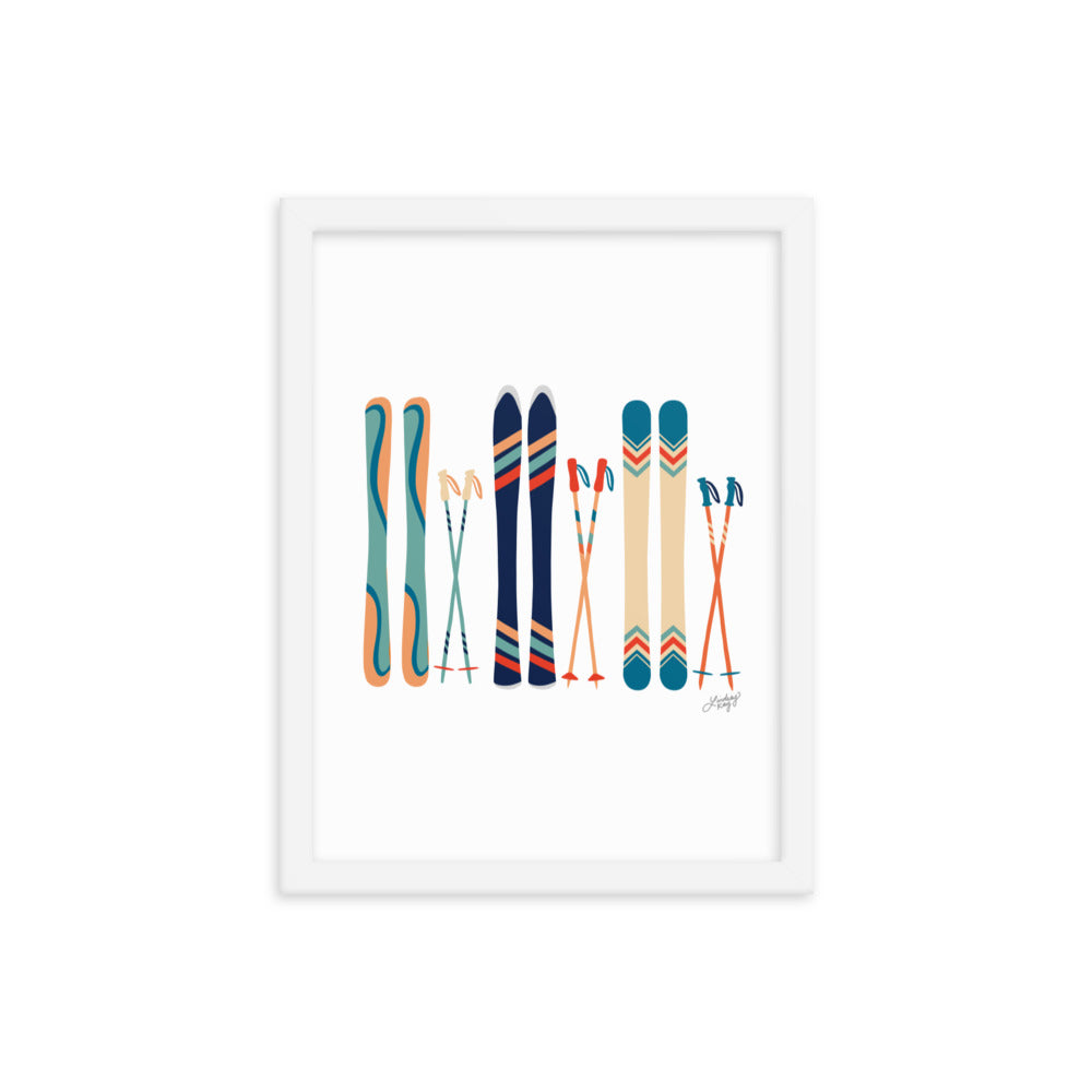Illustration de ski (palette bleu sarcelle/bleu/orange) - Impression artistique encadrée