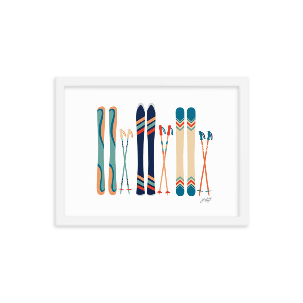 Framed art retro colors ski's illustration art print poster colorful cabin mountains decor lindsey kay collective