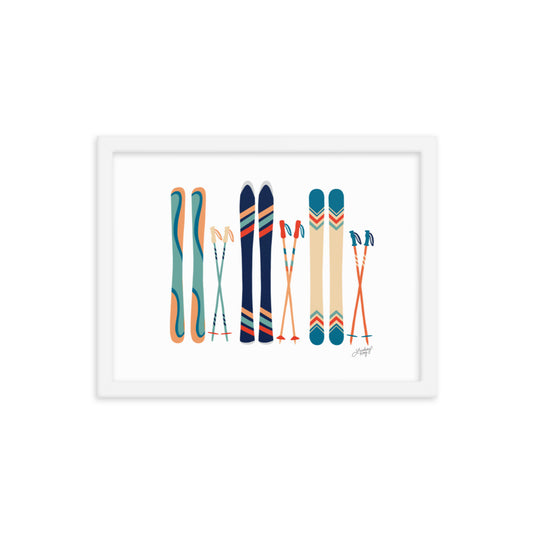 Framed art retro colors ski's illustration art print poster colorful cabin mountains decor lindsey kay collective