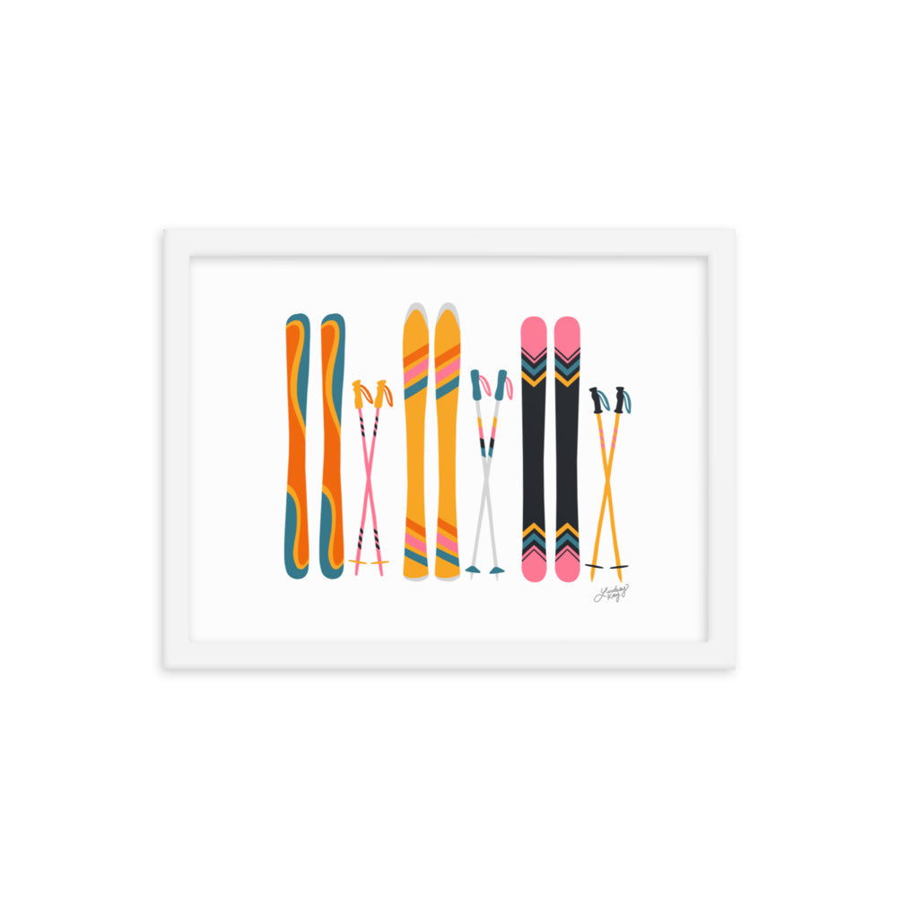 white black frame retro colors ski's illustration art print poster colorful cabin mountains decor lindsey kay collective