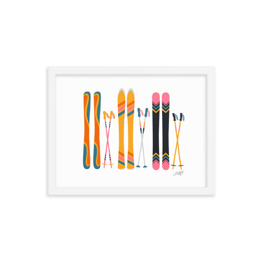 white black frame retro colors ski's illustration art print poster colorful cabin mountains decor lindsey kay collective