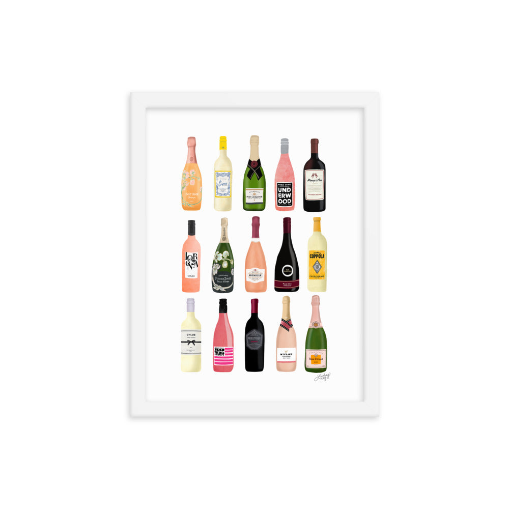 Illustration de bouteilles de vin et de champagne - Impression mate encadrée