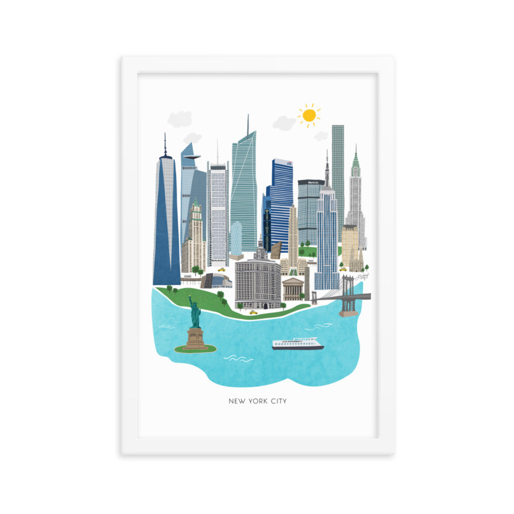Ilustración de la ciudad de Nueva York - Impresión de arte mate enmarcada