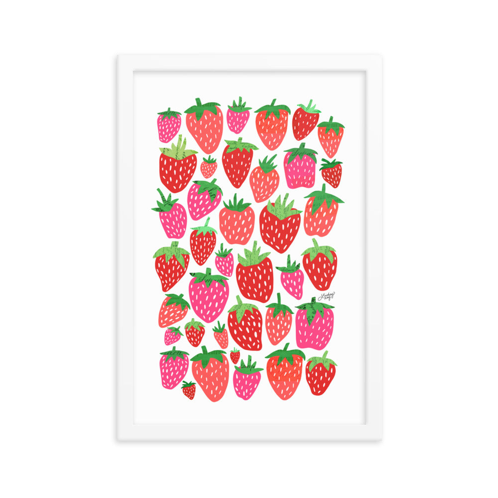 pink red strawberries illustration art print poster framed funny gift wall art kitchen decor lindsey kay collective