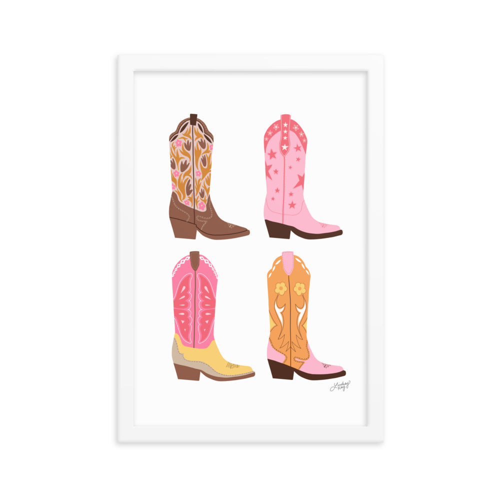 Illustration verticale de bottes de cowboy (palette chaude) - Impression mate encadrée