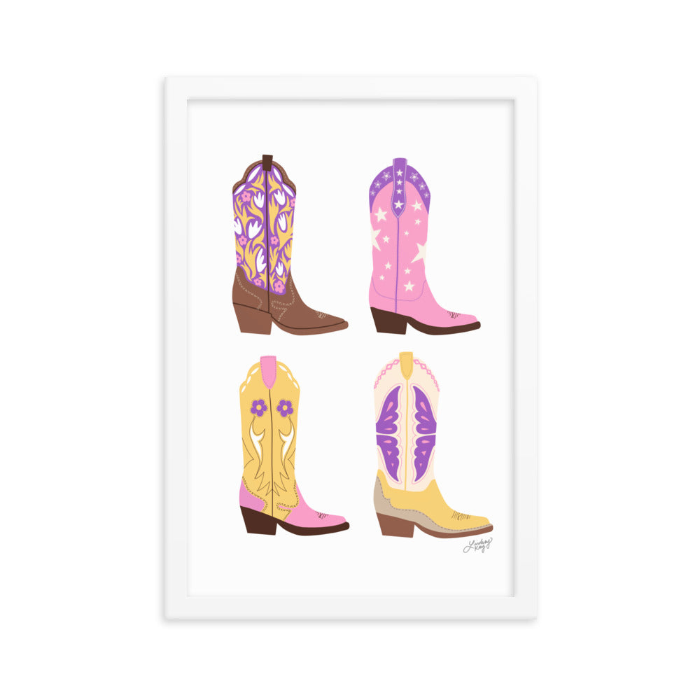Illustration de bottes de cowboy (palette rose/violet/jaune) - Impression mate encadrée