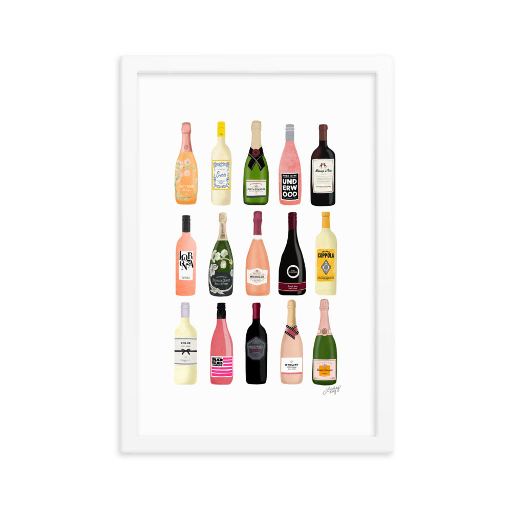 Illustration de bouteilles de vin et de champagne - Impression mate encadrée