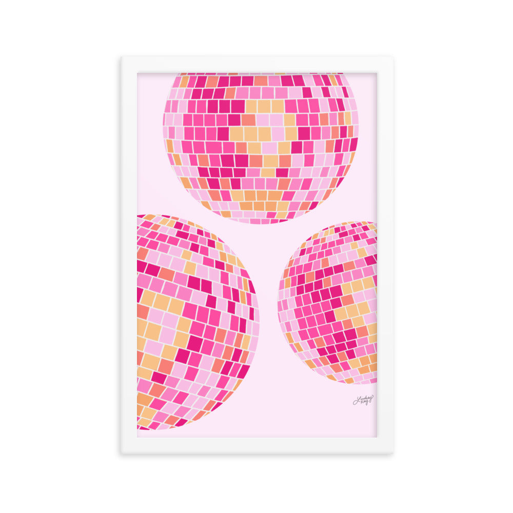 framed pink yellow disco ball painting illustration art print poster retro wall art trendy lindsey kay collective