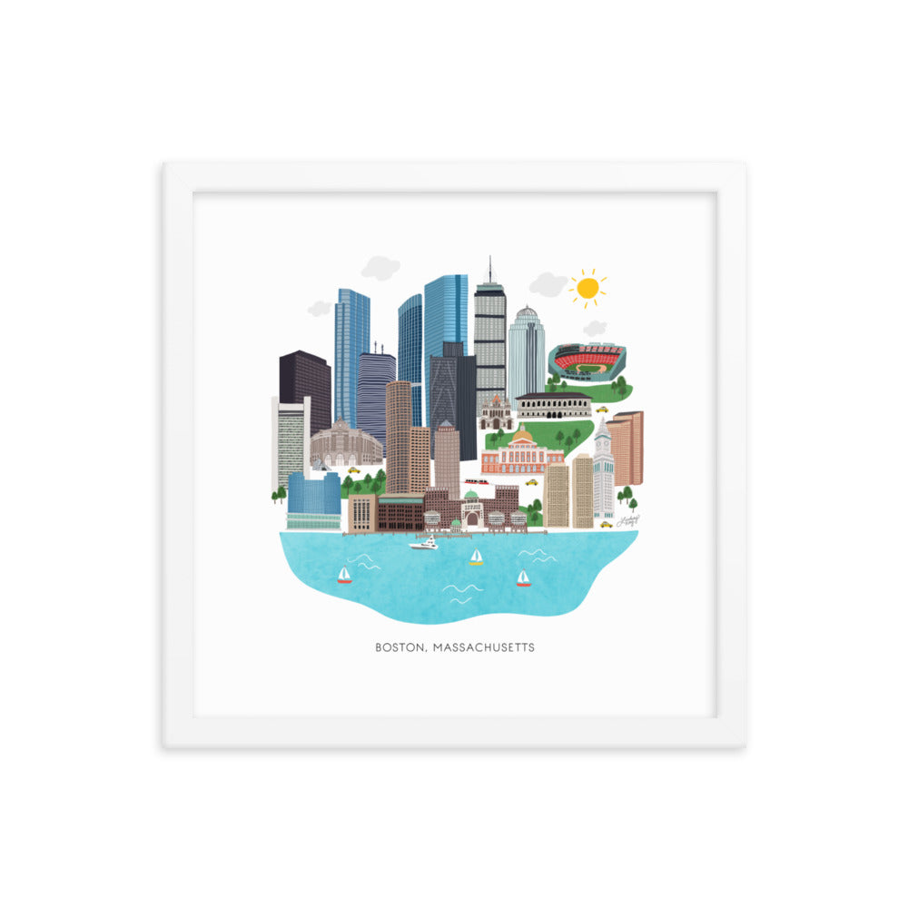 Boston Skyline Illustration - Impression mate encadrée