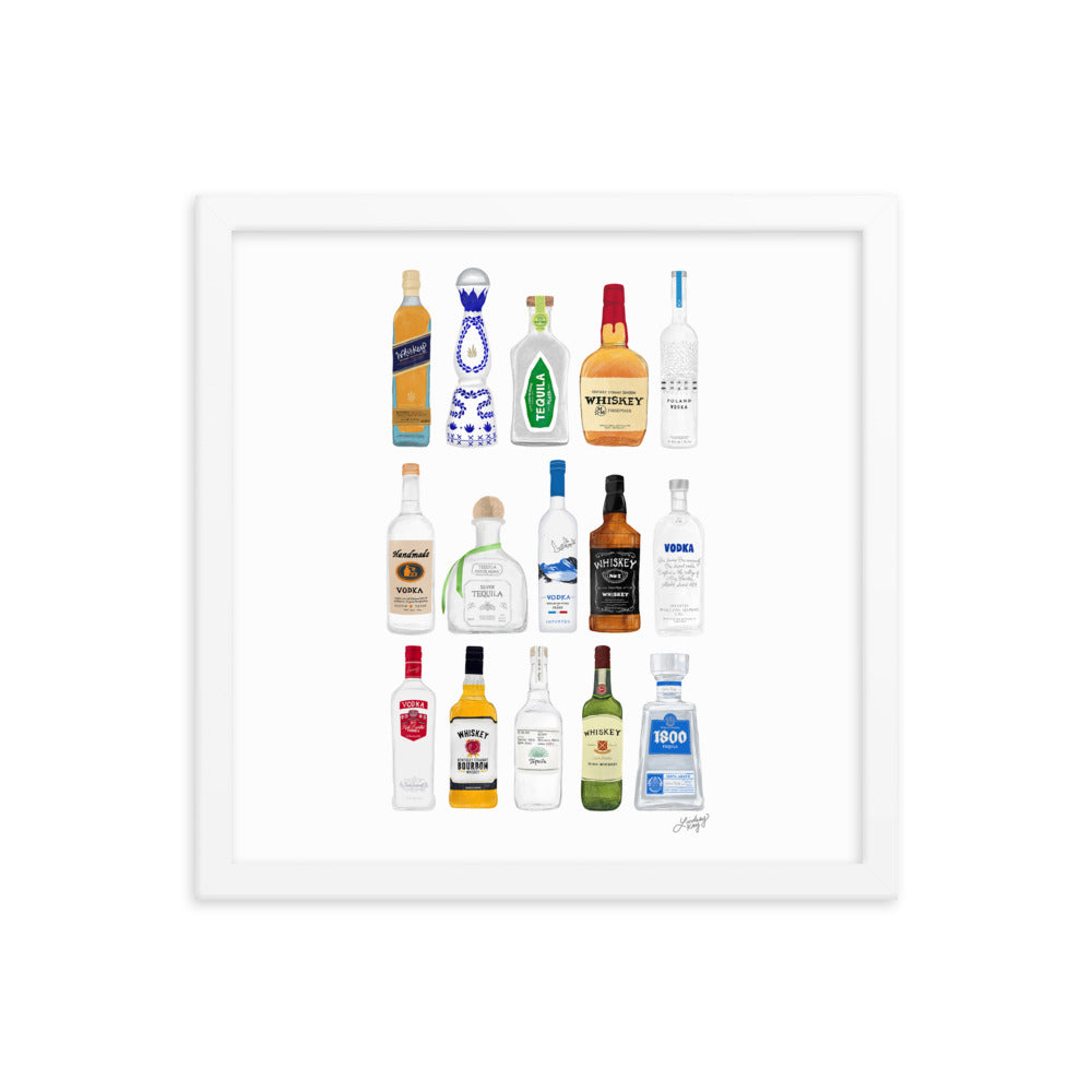 Whiskey, Tequila and Vodka Bottles Illustration - Framed Matte Print