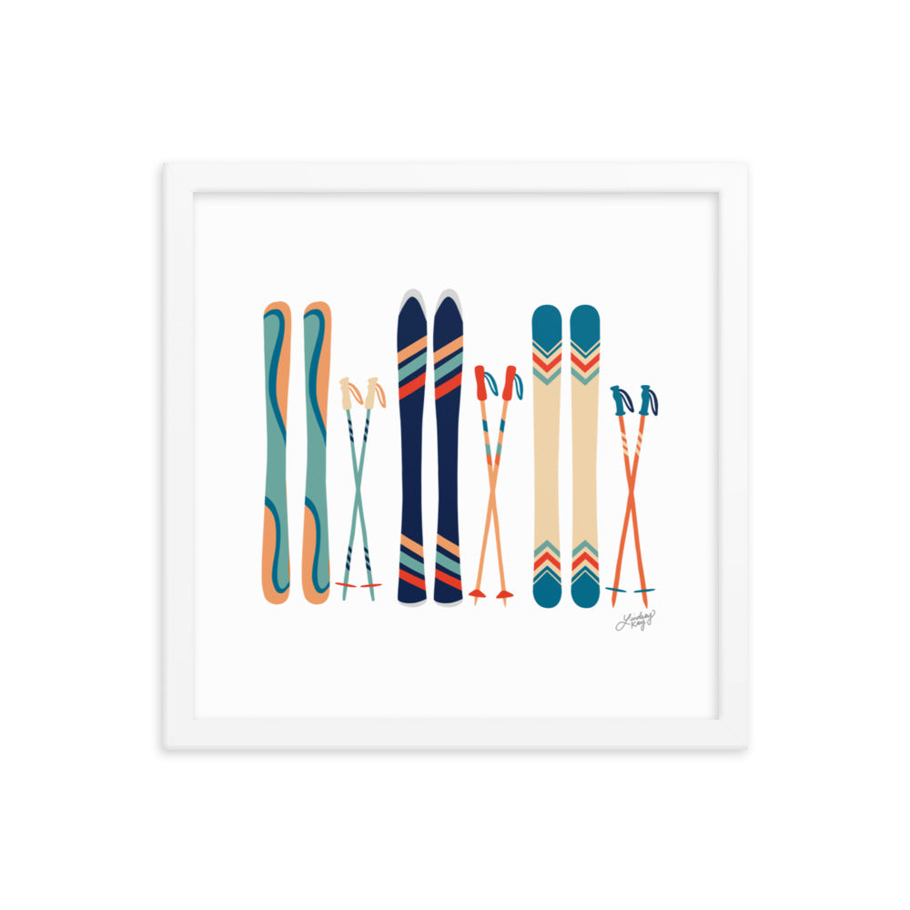 Illustration de ski (palette bleu sarcelle/bleu/orange) - Impression d'art paysager encadrée