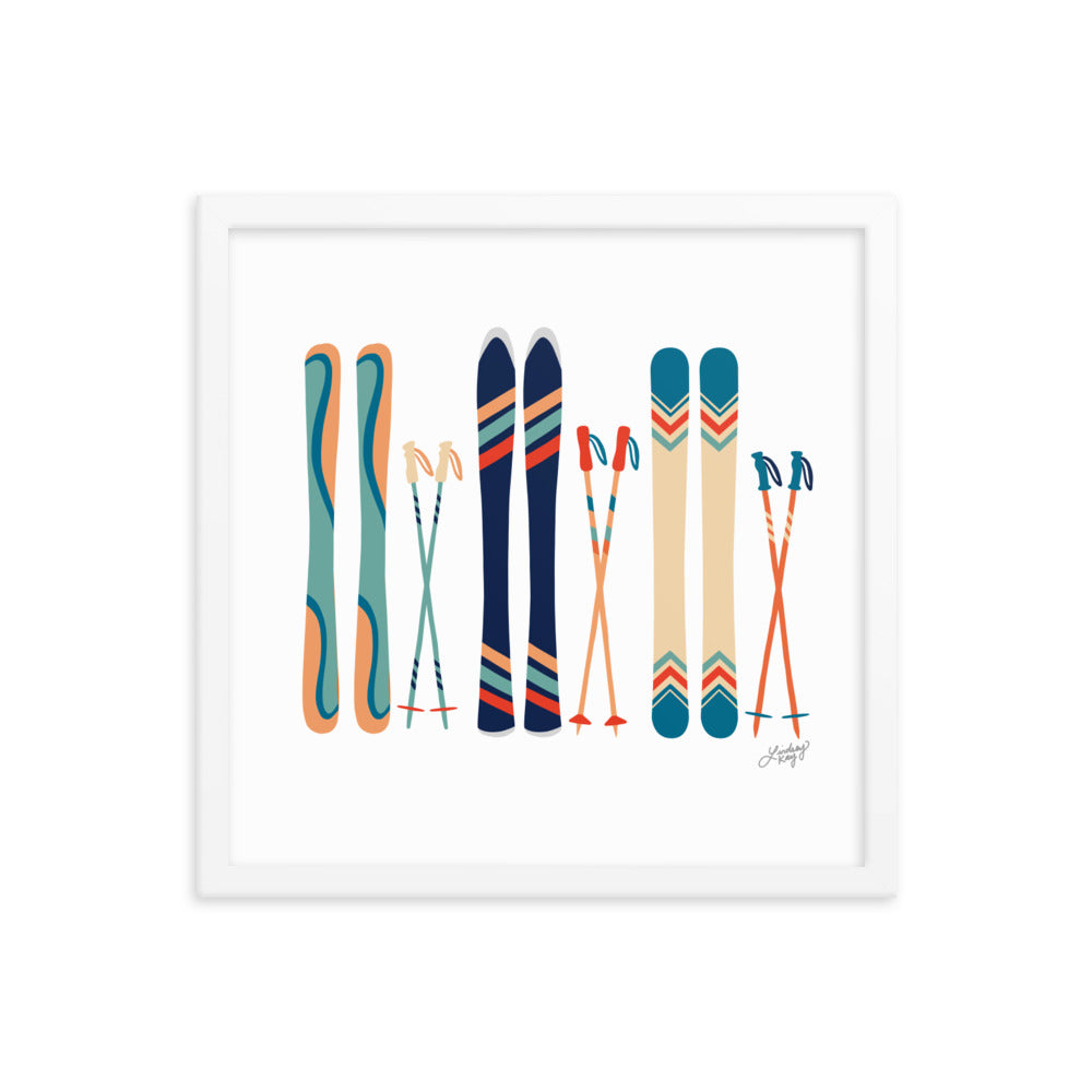Ilustración de esquí (paleta verde azulado/naranja) - Lámina enmarcada