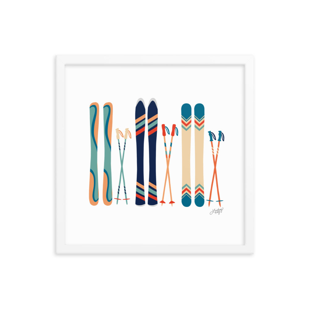 Illustration de ski (palette bleu sarcelle/bleu/orange) - Impression d'art paysager encadrée