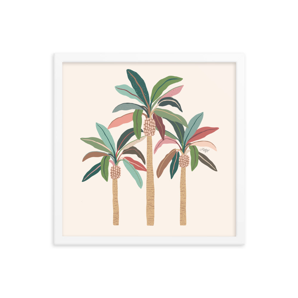 tan blue green pink palm tree illustration framed matte print tropical beach wall art decor