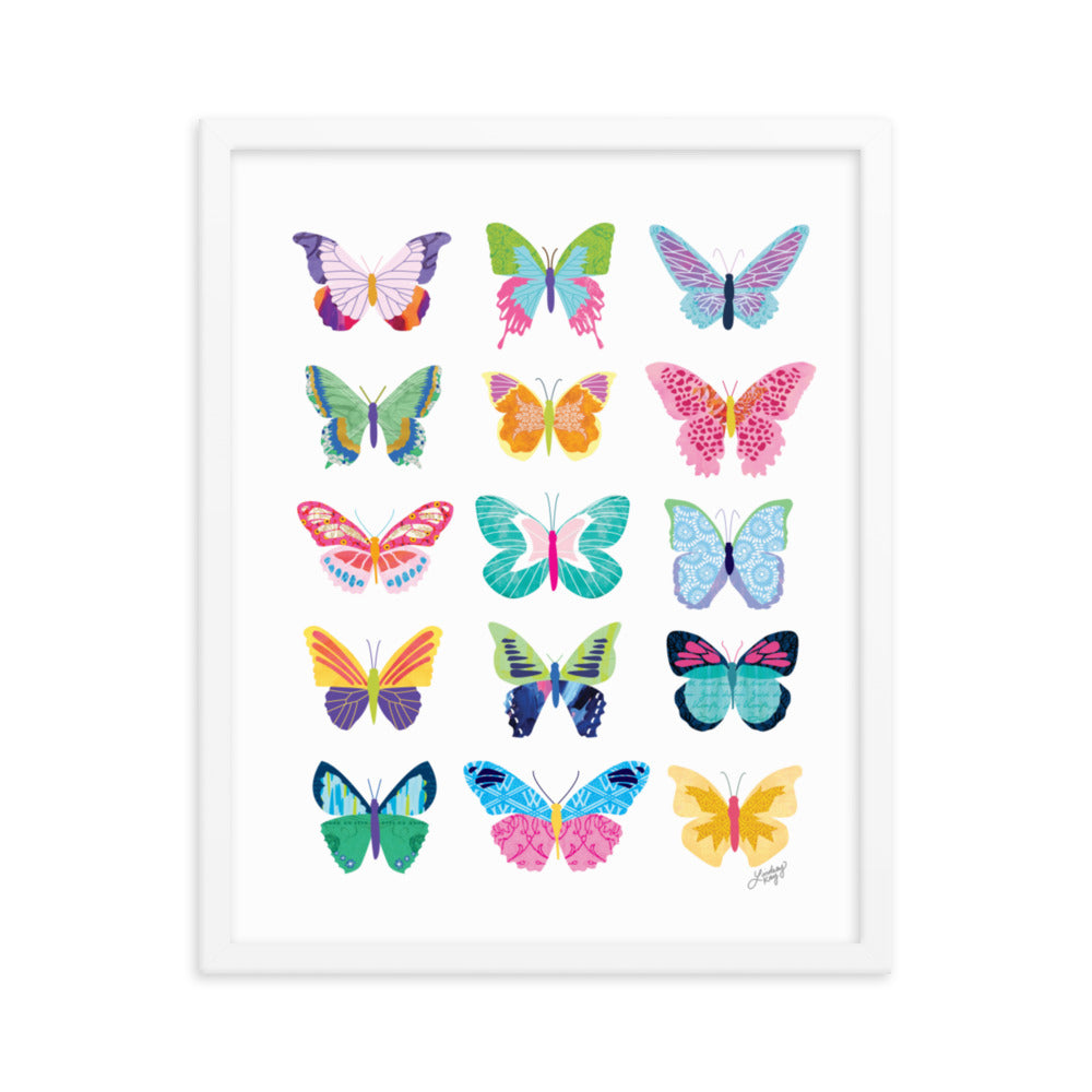 colorful butterflies collage illustration framed white black art print wall decor lindsey kay collective