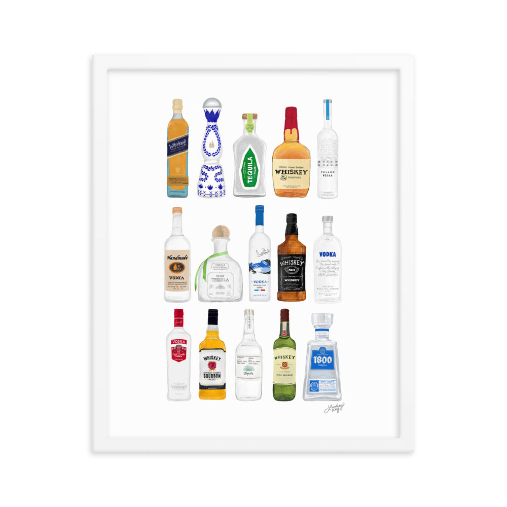 Ilustración de botellas de whisky, tequila y vodka - Impresión mate enmarcada