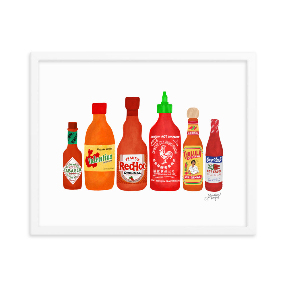 hot sauce bottles illustration art print poster framed funny gift wall art lindsey kay collective