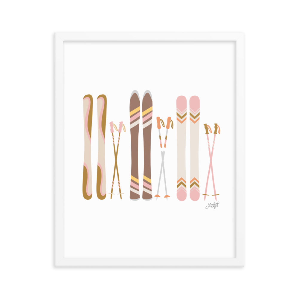 Framed skis illustration art print neutral colors pastel poster wall art black white frame multiple sizes lindsey kay collective