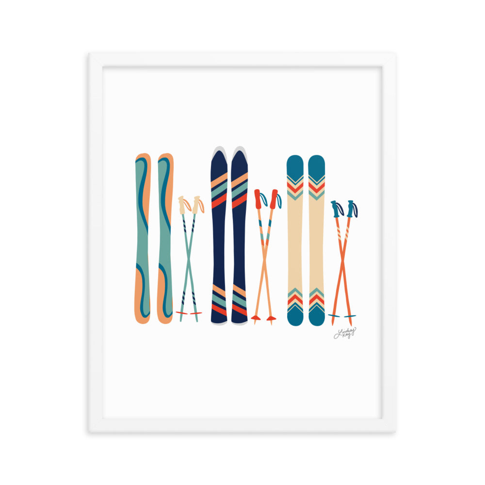 Illustration de ski (palette bleu sarcelle/bleu/orange) - Impression artistique encadrée
