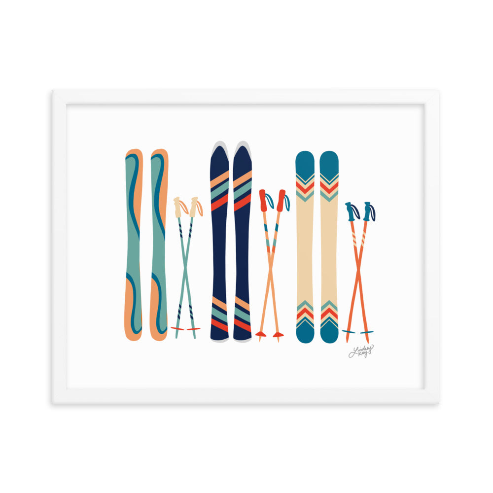 Illustration de ski (palette bleu sarcelle/bleu/orange) - Impression d'art paysager encadrée