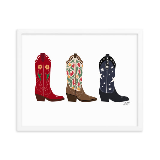 cowboy boots illustration art print framed black or white poster wall art lindsey kay collective