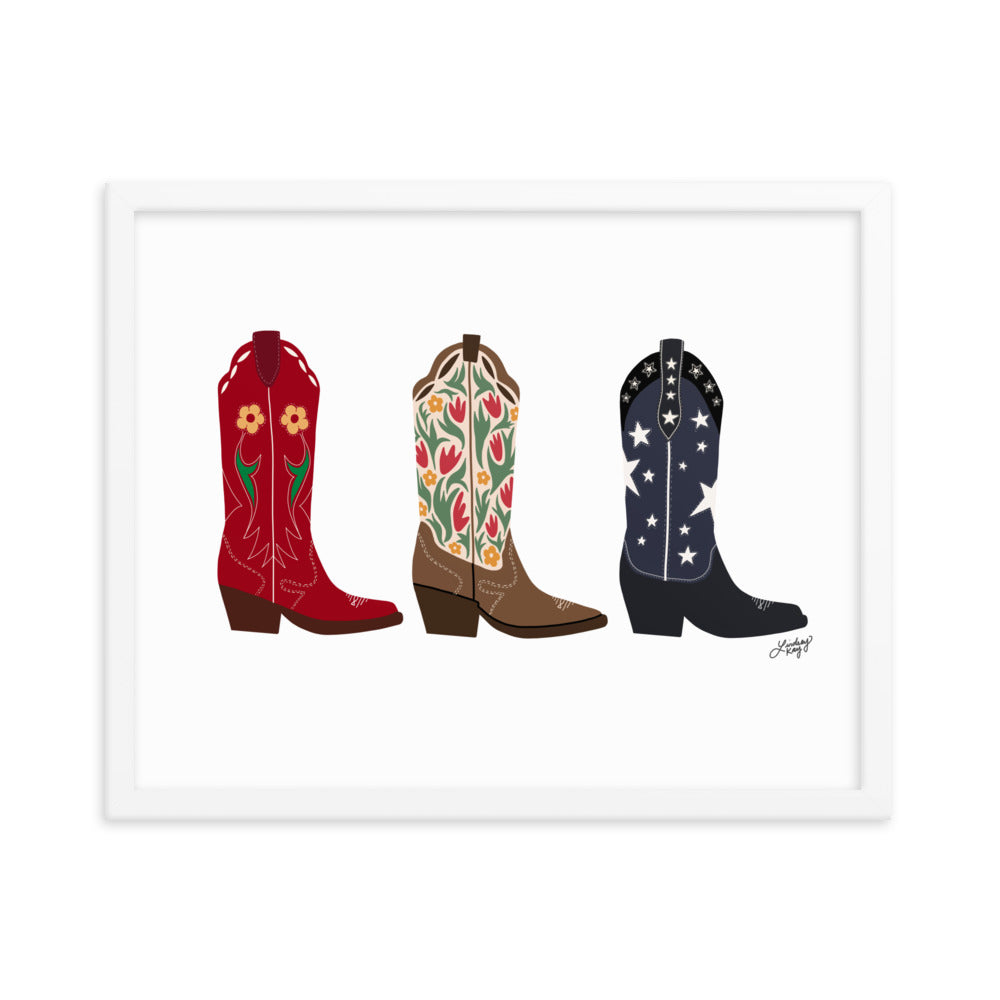 cowboy boots illustration art print framed black or white poster wall art lindsey kay collective