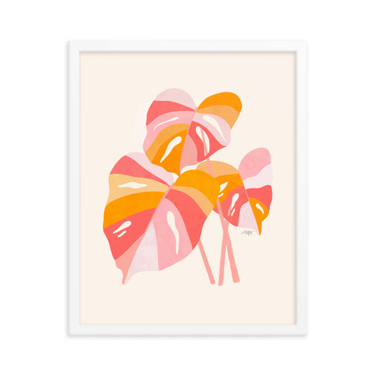 monstera plant illustration pink orange wall art framed artwork